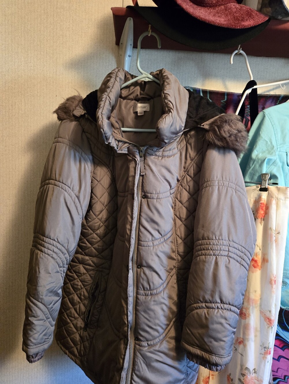Quilted Puffer Coat with Faux Fur Hood - Taupe